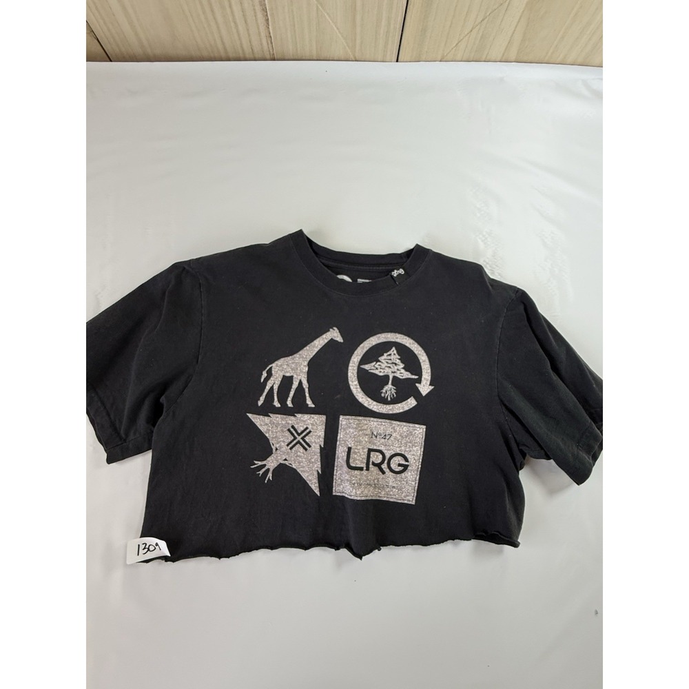 Modern LRG Raw Hem Cropped Graphic T-Shirt Medium M Black Giraffe Tree Logo Tee